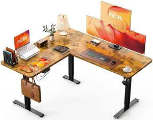 L Shaped Standing Desk - 63" x 55" Electric Adjustable Height Desk with USB Ports, Large Sit Stand Corner Desk for Home Office & Gaming, Vintage Brown L Shaped Standing Desk - 63" x 55" Electric Adjustable Height Desk with USB Ports, Large Sit Stand Corner Desk for Home Office & Gaming, Vintage Brown