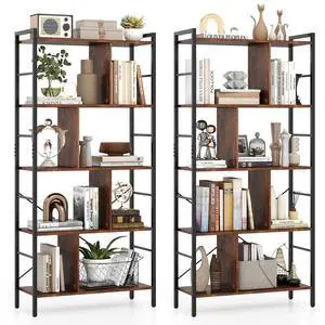 5-Tier Tall Bookshelves Set of 2, 61" Industrial Bookcase w/Metal Frame, Storage Organizer w/Anti-toppling Kits, Display Rack Shelving Unit for Living Room, Home Office, Rustic Brown 5-Tier Tall Bookshelves Set of 2, 61" Industrial Bookcase w/Metal Frame, Storage Organizer w/Anti-toppling Kits, Display Rack Shelving Unit for Living Room, Home Office, Rustic Brown