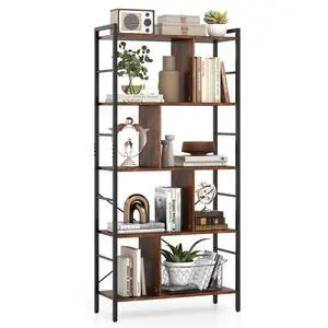 5-Tier Tall Bookshelf, 61" Industrial Bookcase w/Metal Frame, Storage Organizer w/Anti-toppling Kits, Display Rack Shelving Unit for Living Room, Home Office, Rustic Brown (1) 5-Tier Tall Bookshelf, 61" Industrial Bookcase w/Metal Frame, Storage Organizer w/Anti-toppling Kits, Display Rack Shelving Unit for Living Room, Home Office, Rustic Brown (1)