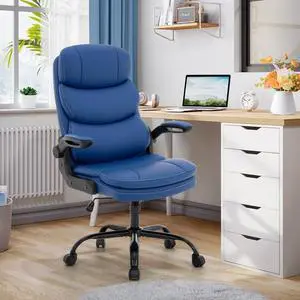 Ergonomic Office Chair High Back with Lumbar Support, PU Leather Executive Desk Chair, Adjustable Height & Flip-Up Arms, Swivel Rolling Computer Chair for Home Office (Blue) Ergonomic Office Chair High Back with Lumbar Support, PU Leather Executive Desk Chair, Adjustable Height & Flip-Up Arms, Swivel Rolling Computer Chair for Home Office (Blue)