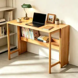 Modern Folding Desk, Small Computer Table Writing Desk Laptop Desk Vanity Table Bamboo Workstation with Bookshelf for Home Office Modern Folding Desk, Small Computer Table Writing Desk Laptop Desk Vanity Table Bamboo Workstation with Bookshelf for Home Office