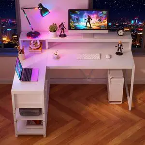 L Shaped Desk with Drawers and Storage Shelves, Home Office L Corner Desk with Monitor Stand, 55" x 24" Desktop Computer Desk, Gaming Desk Study Desk for Small Space (White) L Shaped Desk with Drawers and Storage Shelves, Home Office L Corner Desk with Monitor Stand, 55" x 24" Desktop Computer Desk, Gaming Desk Study Desk for Small Space (White)