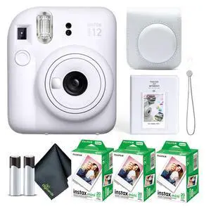 Instax Mini 12 Instant Camera Clay White Bundle with Fuji Instax Mini Film Value Pack (60 Sheets) + Protective Carrying Case + Photo Album + Microfiber Cleaning Cloth Instax Mini 12 Instant Camera Clay White Bundle with Fuji Instax Mini Film Value Pack (60 Sheets) + Protective Carrying Case + Photo Album + Microfiber Cleaning Cloth