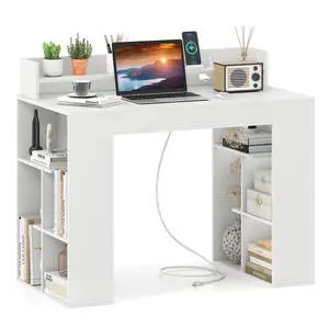 White Desk with Storage Shelves, 43" Home Office Computer Desk with Charging Station, Dual 3 Tier Bookshelf & Monitor Stand, PC Table Workstation, Modern Study Writing Desk for Bedroom, Dorm White Desk with Storage Shelves, 43" Home Office Computer Desk with Charging Station, Dual 3 Tier Bookshelf & Monitor Stand, PC Table Workstation, Modern Study Writing Desk for Bedroom, Dorm