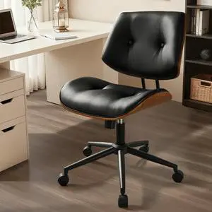 Home Office Chair with Wheels, Modern PU Leather Swivel Computer Desk Chair, Mid Back Adjustable Height Armless Walnut Chairs for Office (Black Button) Home Office Chair with Wheels, Modern PU Leather Swivel Computer Desk Chair, Mid Back Adjustable Height Armless Walnut Chairs for Office (Black Button)