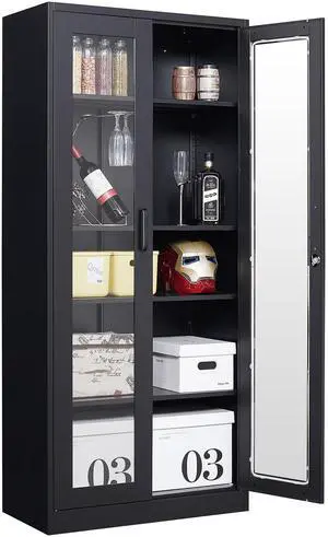 Glass Display Cabinet with 4 Adjustable Shelves, 71" Tall Curio Cabine with Tempered Glass Door, Liquor Cabinet with Lock, 5-Tier Bookcase Storage Cabinet for Home, Study, Living Room (Black) Glass Display Cabinet with 4 Adjustable Shelves, 71" Tall Curio Cabine with Tempered Glass Door, Liquor Cabinet with Lock, 5-Tier Bookcase Storage Cabinet for Home, Study, Living Room (Black)