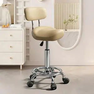 Vanity Chair with Back Small Armless Office Chair with Wheels and Footrest, PU Leather Adjustable Height Swivel Chair for Bedroom, Home Office Khaki Vanity Chair with Back Small Armless Office Chair with Wheels and Footrest, PU Leather Adjustable Height Swivel Chair for Bedroom, Home Office Khaki