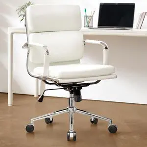 Office Desk Ergonomic Chair Leather Executive Mid-Back Modern Conference Comfy Adjustable Padded Swivel Rolling Home Vanity Chairs with Arms Wheels (White) Office Desk Ergonomic Chair Leather Executive Mid-Back Modern Conference Comfy Adjustable Padded Swivel Rolling Home Vanity Chairs with Arms Wheels (White)