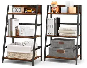 3-Tier Ladder Bookshelf, Industrial Wooden Bookcase w/Metal Frame, Anti-Toppling Device, Freestanding Display Shelf Plant Stand, Storage Rack for Home Office Living Room (2, 3-Tier) 3-Tier Ladder Bookshelf, Industrial Wooden Bookcase w/Metal Frame, Anti-Toppling Device, Freestanding Display Shelf Plant Stand, Storage Rack for Home Office Living Room (2, 3-Tier)