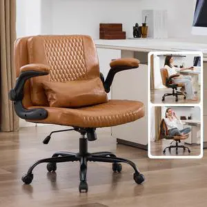 Criss Cross Chair with Flip Backrest, Desk Chair with Flip Up Arms, Ergonomic Cross Legged Office Chair with Wheels, Adjustable Height Swivel Vanity Chair, PU Leather, Brown Criss Cross Chair with Flip Backrest, Desk Chair with Flip Up Arms, Ergonomic Cross Legged Office Chair with Wheels, Adjustable Height Swivel Vanity Chair, PU Leather, Brown