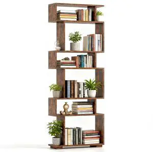 6-Tier S Shaped Bookshelf, Geometric Bookcase with 2 Anti-Tipping Kits, Wooden Storage Shelving Unit, Freestanding Display Shelf for Living Room, Office, Bedroom Rustic Brown 6-Tier S Shaped Bookshelf, Geometric Bookcase with 2 Anti-Tipping Kits, Wooden Storage Shelving Unit, Freestanding Display Shelf for Living Room, Office, Bedroom Rustic Brown