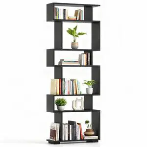 6-Tier S Shaped Bookshelf, Geometric Bookcase with 2 Anti-Tipping Kits, Wooden Storage Shelving Unit, Freestanding Display Shelf for Living Room, Office, Bedroom Black 6-Tier S Shaped Bookshelf, Geometric Bookcase with 2 Anti-Tipping Kits, Wooden Storage Shelving Unit, Freestanding Display Shelf for Living Room, Office, Bedroom Black