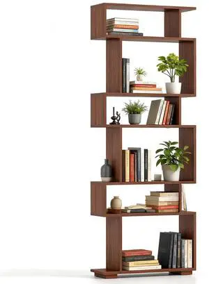6-Tier S Shaped Bookshelf, Geometric Bookcase with 2 Anti-Tipping Kits, Wooden Storage Shelving Unit, Freestanding Display Shelf for Living Room, Office, Bedroom Walnut 6-Tier S Shaped Bookshelf, Geometric Bookcase with 2 Anti-Tipping Kits, Wooden Storage Shelving Unit, Freestanding Display Shelf for Living Room, Office, Bedroom Walnut