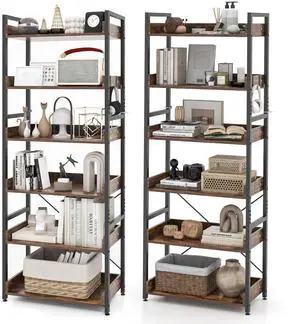 6-Tier Bookshelf, 70 Tall Industrial Bookcase w/Open Shelves & 4 Hooks, Storage Rack w/Metal Frame, Vintage Standing Display Rack for Study Living Room Kitchen (2, Rustic Brown) 6-Tier Bookshelf, 70 Tall Industrial Bookcase w/Open Shelves & 4 Hooks, Storage Rack w/Metal Frame, Vintage Standing Display Rack for Study Living Room Kitchen (2, Rustic Brown)