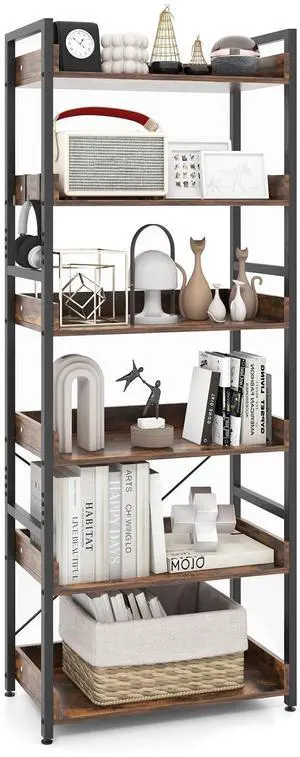 6-Tier Bookshelf, 70 Tall Industrial Bookcase w/Open Shelves & 4 Hooks, Storage Rack w/Metal Frame, Vintage Standing Display Rack for Study Living Room Kitchen (1, Rustic Brown) 6-Tier Bookshelf, 70 Tall Industrial Bookcase w/Open Shelves & 4 Hooks, Storage Rack w/Metal Frame, Vintage Standing Display Rack for Study Living Room Kitchen (1, Rustic Brown)