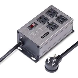 Flat Plug 4-Outlet Heavy Duty Industrial Power Strip 125V/15A with Surge Protector, EMI/RFI Isolation, Mountable PDU, 8ft/2.4m Extension Power Cord, NEMA 5-15P/R, TAA Flat Plug 4-Outlet Heavy Duty Industrial Power Strip 125V/15A with Surge Protector, EMI/RFI Isolation, Mountable PDU, 8ft/2.4m Extension Power Cord, NEMA 5-15P/R, TAA
