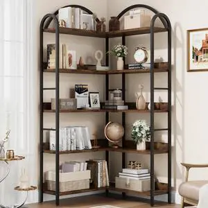 5 Tier Bookshelf, Reversible Corner Bookshelf, 68.5" Wooden Bookcase with Open Shelves and Metal Frame, Suitable for Living Room, Bedroom, Office-Brown 5 Tier Bookshelf, Reversible Corner Bookshelf, 68.5" Wooden Bookcase with Open Shelves and Metal Frame, Suitable for Living Room, Bedroom, Office-Brown