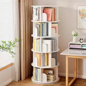 5 Tier Rotating Bookshelf Tower, 360°Round Spinning Bookshelf with Drawers and Wheels, Small White Rotating Bookcase for Bedroom,Living Room,Office (White, 5 Tier - no Wheel) 5 Tier Rotating Bookshelf Tower, 360°Round Spinning Bookshelf with Drawers and Wheels, Small White Rotating Bookcase for Bedroom,Living Room,Office (White, 5 Tier - no Wheel)