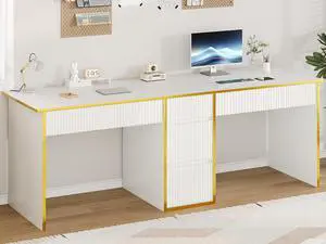 Two Person Desk with Drawers, 78.72 Inch Extra Long Computer Desk with 5 Storage Drawers, Study Writing Desk with Storage Shelves for Home Office, White and Gold Desk Two Person Desk with Drawers, 78.72 Inch Extra Long Computer Desk with 5 Storage Drawers, Study Writing Desk with Storage Shelves for Home Office, White and Gold Desk