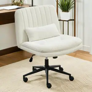 Dual Layer Criss Cross Legged Chair with Wheels, Comfy Rolling Office Desk Armless Chair with Pillows, Wide Swivel Vanity Chairs Computer Task Chair for Makeup (Chenille Fabric White) Dual Layer Criss Cross Legged Chair with Wheels, Comfy Rolling Office Desk Armless Chair with Pillows, Wide Swivel Vanity Chairs Computer Task Chair for Makeup (Chenille Fabric White)