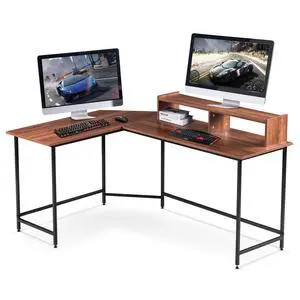 L-Shaped Computer Office Desk, Modern Gaming Corner Desk with Monitor Stand, Home Office Study Writing Table Workstation for Small Spaces 6404 (Brown) L-Shaped Computer Office Desk, Modern Gaming Corner Desk with Monitor Stand, Home Office Study Writing Table Workstation for Small Spaces 6404 (Brown)