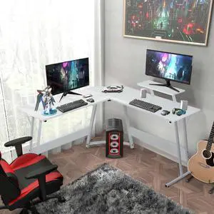 L Shaped Gaming Desk, Modern Computer Desk, Home Office Desks with Large Monitor Riser Stand, Sturdy PC Desk for Bedroom Minimalist White 50Inch L Shaped Gaming Desk, Modern Computer Desk, Home Office Desks with Large Monitor Riser Stand, Sturdy PC Desk for Bedroom Minimalist White 50Inch