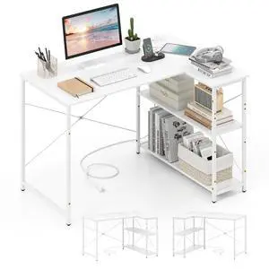 L-Shaped Computer Desk with Power Outlets, USB & Type C Charging Port, Reversible Corner Desk with Adjustable Shelf, Heavy-Duty Metal Frame, Study Writing Table for Home Office L-Shaped Computer Desk with Power Outlets, USB & Type C Charging Port, Reversible Corner Desk with Adjustable Shelf, Heavy-Duty Metal Frame, Study Writing Table for Home Office