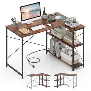 L-Shaped Computer Desk with Power Outlets, USB & Type C Charging Port, Reversible Corner Desk with Adjustable Shelf, Heavy-Duty Metal Frame, Study Writing Table for Home Office L-Shaped Computer Desk with Power Outlets, USB & Type C Charging Port, Reversible Corner Desk with Adjustable Shelf, Heavy-Duty Metal Frame, Study Writing Table for Home Office