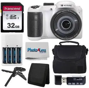 Kodak PIXPRO AZ255 Digital Camera (White) + Point & Shoot Camera Case + Transcend 32GB SD Memory Card + Rechargeable Batteries & Charger + USB Card Reader + Table Tripod + Accessories Kodak PIXPRO AZ255 Digital Camera (White) + Point & Shoot Camera Case + Transcend 32GB SD Memory Card + Rechargeable Batteries & Charger + USB Card Reader + Table Tripod + Accessories