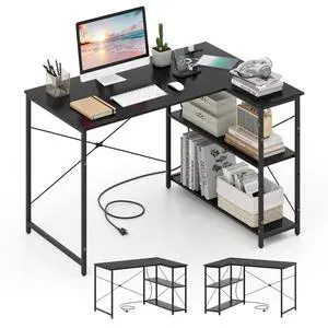 L-Shaped Computer Desk with Power Outlets, USB & Type C Charging Port, Reversible Corner Desk with Adjustable Shelf, Heavy-Duty Metal Frame, Study Writing Table for Home Office L-Shaped Computer Desk with Power Outlets, USB & Type C Charging Port, Reversible Corner Desk with Adjustable Shelf, Heavy-Duty Metal Frame, Study Writing Table for Home Office