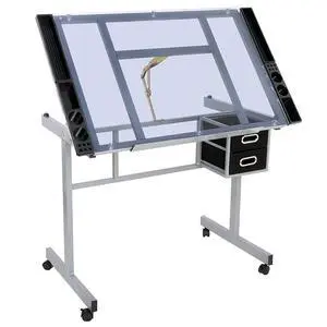 Adjustable Drafting Table, Drawing Table on Wheels with Storage & Side Tray, Artist Desk Tilting Glass Tabletop Art Craft Desk for Home Office Adjustable Drafting Table, Drawing Table on Wheels with Storage & Side Tray, Artist Desk Tilting Glass Tabletop Art Craft Desk for Home Office