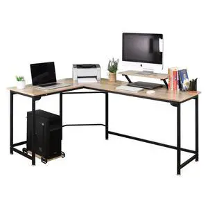 L-Shaped Computer Study Corner Desk with Monitor Stand Shelf CPU Stand, PC Laptop Gaming Desk 66 Workstation for Home Office Writing Table, Wood & Metal, Space-Saving L-Shaped Computer Study Corner Desk with Monitor Stand Shelf CPU Stand, PC Laptop Gaming Desk 66 Workstation for Home Office Writing Table, Wood & Metal, Space-Saving