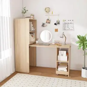 Expandable and Foldable Desk, Mobile Office Desk with Storage Shelves & Wheels, Compact Computer Desk for Small Space, Reversible L Shaped Desk (Natural) Expandable and Foldable Desk, Mobile Office Desk with Storage Shelves & Wheels, Compact Computer Desk for Small Space, Reversible L Shaped Desk (Natural)