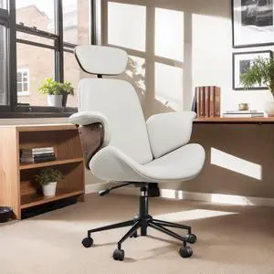 Home Office Chair with Wheels and Bentwood Arms, PU Leather Swivel Desk Chair with Lumbar Support and Headrest, Height Adjustable Modern Computer Chair for Office, Study, White Home Office Chair with Wheels and Bentwood Arms, PU Leather Swivel Desk Chair with Lumbar Support and Headrest, Height Adjustable Modern Computer Chair for Office, Study, White