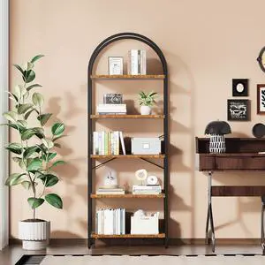 Five-Tier Arched Display Rack 71 in Industrial-Style Freestanding Bookshelf Metal Frame High Storage Cabinet for Bedrooms, Living Rooms, Offices, and Home Environments - Brown Five-Tier Arched Display Rack 71 in Industrial-Style Freestanding Bookshelf Metal Frame High Storage Cabinet for Bedrooms, Living Rooms, Offices, and Home Environments - Brown