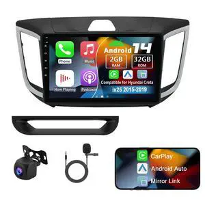 Android 14 Double Din Car Radio Compatible with Hyundai Creta ix25 2015-2019, 2G+32G 10" Touch Screen Car Stereo with Wireless Carplay Android Auto GPS WiFi Mic Backup Camera Android 14 Double Din Car Radio Compatible with Hyundai Creta ix25 2015-2019, 2G+32G 10" Touch Screen Car Stereo with Wireless Carplay Android Auto GPS WiFi Mic Backup Camera