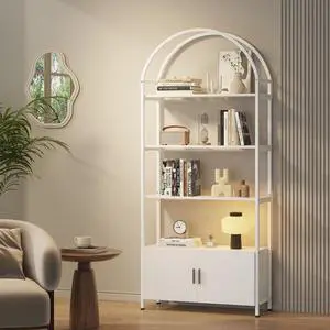 Arched Bookshelf with Doors, 71" Tall Industrial Bookcase with Sturdy Metal Frame, Freestanding Display Shelving Unit, White Geometric Book Shelf for Lving Room, Bedroom, Home Office Arched Bookshelf with Doors, 71" Tall Industrial Bookcase with Sturdy Metal Frame, Freestanding Display Shelving Unit, White Geometric Book Shelf for Lving Room, Bedroom, Home Office