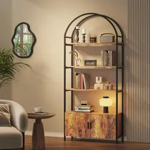 Arched Bookshelf with Doors, 71" Tall Industrial Bookcase with Sturdy Metal Frame, Vintage Display Shelving Unit, Rustic Geometric Book Shelf for Lving Room, Bedroom, Home Office Arched Bookshelf with Doors, 71" Tall Industrial Bookcase with Sturdy Metal Frame, Vintage Display Shelving Unit, Rustic Geometric Book Shelf for Lving Room, Bedroom, Home Office
