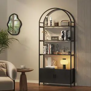 Arched Bookshelf with Doors, 71" Tall Industrial Bookcase with Sturdy Metal Frame, Vintage Display Shelving Unit, Black Geometric Book Shelf for Lving Room, Bedroom, Home Office Arched Bookshelf with Doors, 71" Tall Industrial Bookcase with Sturdy Metal Frame, Vintage Display Shelving Unit, Black Geometric Book Shelf for Lving Room, Bedroom, Home Office
