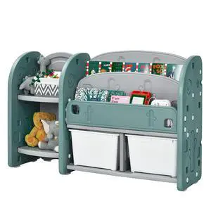 Kids Toy Storage Organizer, Toddler Bookshelf Cabinet w/ 2-Tier Bookshelf, 2 Shelves, 2 Removable Bins, Children Bookcase Display Book Rack for Kids Room Bedroom Playroom Furniture (Green) Kids Toy Storage Organizer, Toddler Bookshelf Cabinet w/ 2-Tier Bookshelf, 2 Shelves, 2 Removable Bins, Children Bookcase Display Book Rack for Kids Room Bedroom Playroom Furniture (Green)