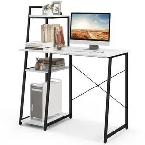 Computer Desk with 4-Tier Storage Shelves, Home Office Desk Writing Table with Sturdy X-Shape Frame, Adjustable Foot Pads, Modern Simple Style Study Desk, Wide Tabletop (White and Black) Computer Desk with 4-Tier Storage Shelves, Home Office Desk Writing Table with Sturdy X-Shape Frame, Adjustable Foot Pads, Modern Simple Style Study Desk, Wide Tabletop (White and Black)