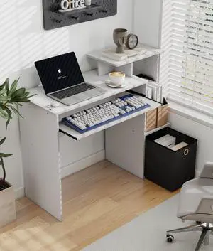 Computer Desk with Storage, Working Desk with Keyboard Drawer for Bedroom Home Workstation for Writing Working Studying, White Computer Desk with Storage, Working Desk with Keyboard Drawer for Bedroom Home Workstation for Writing Working Studying, White
