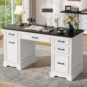 White Farmhouse Executive Desk with Drawers and Charging Station, 55.1" Wood Home Office Desk with Storage Cabinet,Morden Solid Computer Writing Desk for Study Work Table for Home Office (White) White Farmhouse Executive Desk with Drawers and Charging Station, 55.1" Wood Home Office Desk with Storage Cabinet,Morden Solid Computer Writing Desk for Study Work Table for Home Office (White)