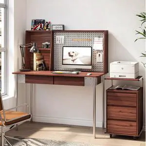 Computer Desk with Hutch & DIY Pegboard Board, 47 Inch Modern Home Office Study Writing Desk with Bookshelf & 2 Drawers, Workspace for Work and Study, Walnut Computer Desk with Hutch & DIY Pegboard Board, 47 Inch Modern Home Office Study Writing Desk with Bookshelf & 2 Drawers, Workspace for Work and Study, Walnut