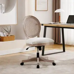 Home Office Chair, Vintage Linen Fabric Armless Desk Chair with Rattan Backrest and Wheels, Swivel Vanity Chair for Bedroom, Beige Home Office Chair, Vintage Linen Fabric Armless Desk Chair with Rattan Backrest and Wheels, Swivel Vanity Chair for Bedroom, Beige