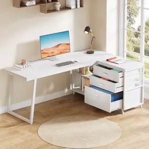 53" L Shaped Office Desk, Reversible Corner Computer Desk with 3 File Drawers and 2 Storage Shelves for Home Office, Study, Gaming Room (White) 53" L Shaped Office Desk, Reversible Corner Computer Desk with 3 File Drawers and 2 Storage Shelves for Home Office, Study, Gaming Room (White)