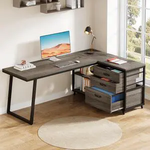 53" L Shaped Office Desk, Reversible Corner Computer Desk with 3 File Drawers and 2 Storage Shelves for Home Office, Study, Gaming Room (Grey) 53" L Shaped Office Desk, Reversible Corner Computer Desk with 3 File Drawers and 2 Storage Shelves for Home Office, Study, Gaming Room (Grey)