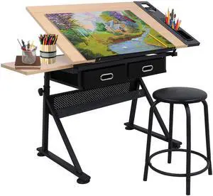Drafting Table Drawing Desk Reclining Tiltable Tabletop Bundle Set with Stool and 2 Storage Drawers Art Writing Reading Workstation for Office and Home Drafting Table Drawing Desk Reclining Tiltable Tabletop Bundle Set with Stool and 2 Storage Drawers Art Writing Reading Workstation for Office and Home