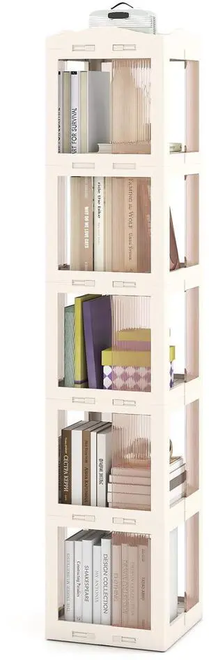 Foldable Rotating Bookshelf, 5-Tier Spinning Bookcase w/Swivel Base, 360° Revolving Bookshelf Tower, Tall Corner Display Shelf, Translucent Storage Organizer for Living Room, Study Foldable Rotating Bookshelf, 5-Tier Spinning Bookcase w/Swivel Base, 360° Revolving Bookshelf Tower, Tall Corner Display Shelf, Translucent Storage Organizer for Living Room, Study