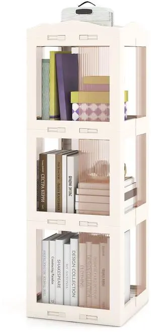 Foldable Rotating Bookshelf, 3-Tier Spinning Bookcase w/Swivel Base, 360° Revolving Bookshelf Tower, Tall Corner Display Shelf, Translucent Storage Organizer for Living Room, Study Foldable Rotating Bookshelf, 3-Tier Spinning Bookcase w/Swivel Base, 360° Revolving Bookshelf Tower, Tall Corner Display Shelf, Translucent Storage Organizer for Living Room, Study